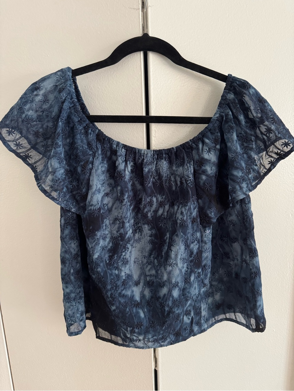 Francesca's Navy Blue Off-Shoulder Embroidered Top